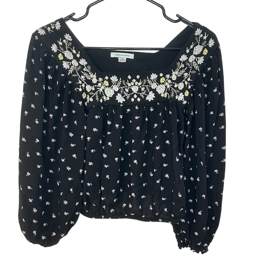 American Eagle Black Floral Embroidered Peasant Blouse Square Neck XXS